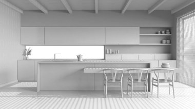 Tamamen beyaz proje taslağı, adalı asgari ahşap mutfak. Reçine zemini ve ahşap tavan. Dolaplar, yemek masası ve dekorlar. Japandi iç tasarımı