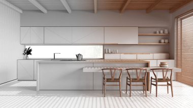 Mimari iç mimar konsepti: elle çizilmiş tamamlanmamış proje gerçek, adalı asgari mutfak haline geliyor. Reçine zemini ve ahşap tavan. Japon stili.