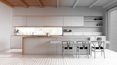 Mimari iç mimar konsepti: elle çizilmiş tamamlanmamış proje gerçek, adalı asgari mutfak haline geliyor. Reçine zemini ve ahşap tavan. Japon stili.