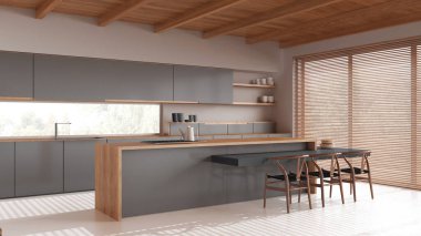 Ahşap Japon mutfağı, beyaz ve gri tonlarda, yerde reçine ve tavan kirişleri var. Tabureli dolaplar ve yemek adası. Minimum mimari iç tasarım