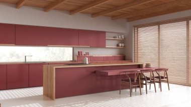 Ahşap Japon mutfağı beyaz ve kırmızı tonlarda, yerde reçine ve tavan kirişleri var. Tabureli dolaplar ve yemek adası. Minimum mimari iç tasarım