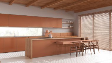 Ahşap Japon mutfağı, beyaz ve turuncu tonlarda, yerde reçine ve tavanda kirişler. Tabureli dolaplar ve yemek adası. Minimum mimari iç tasarım