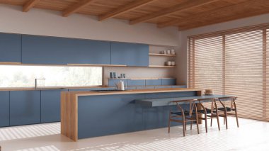 Ahşap Japon mutfağı, beyaz ve mavi tonlarda, yerde reçine ve tavan kirişleri var. Tabureli dolaplar ve yemek adası. Minimum mimari iç tasarım