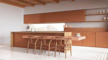 Beyaz ve turuncu tonlarda modern ahşap mutfak. Dolapları, sandalyeleri ve zemini olan bir ada. Kirişler tavan, japandi minimal iç tasarım