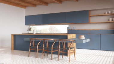 Beyaz ve mavi tonlarda modern ahşap mutfak. Dolapları, sandalyeleri ve zemini olan bir ada. Kirişler tavan, japandi minimal iç tasarım