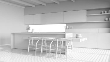 Tamamen beyaz proje taslağı, modern ahşap mutfak. Dolapları, sandalyeleri ve zemini olan bir ada. Kirişler tavan, japandi minimal iç tasarım