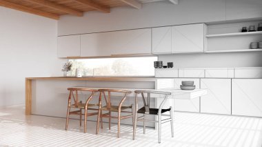 Mimar iç mimar konsepti: elle çizilmiş tamamlanmamış proje gerçek, modern ahşap mutfak haline geliyor. Tavan kirişleri, japandi minimal tarzı