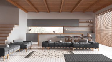 Beyaz ve gri tonlarda oturma odası ve adalı en az ahşap mutfak. Zemin ve kiriş tavanı reçine. Ada, kanepe ve halılar. Japandi iç tasarımı