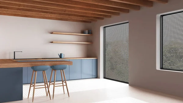 Wooden Minimal Kitchen White Blue Tones Resin Floor Beams Ceiling — Stock Photo, Image