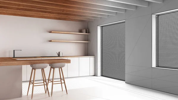 建筑师室内设计理念 手绘草稿未完成的工程 成为真正的 木制最小厨房与树脂地板 日本风格 — 图库照片