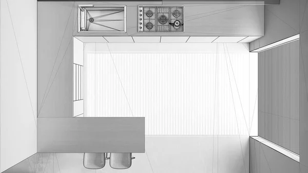 蓝图未完成的项目草稿 现代木制厨房 岛上有橱柜和树脂地板 上图所示为日本最小室内设计 — 图库照片