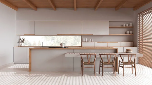 Minimale Holzküche Mit Insel Weiß Und Beigetönen Harz Fußboden Und — Stockfoto