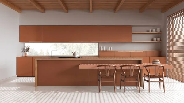 흰색과 오렌지 색조의 최소한의 바닥과 Japandi 인테리어 디자인 — 스톡 사진