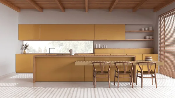 最小的木制厨房 有白色和黄色色调的岛屿 树脂地板和木制天花板 餐桌和装饰 日本室内设计 — 图库照片