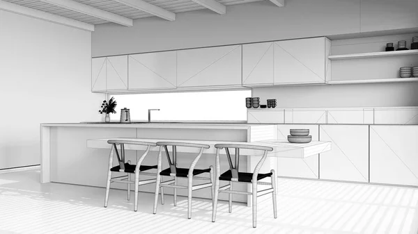 Plan Niedokończonego Projektu Nowoczesna Drewniana Kuchnia Wyspa Szafkami Krzesłami Podłogą — Zdjęcie stockowe