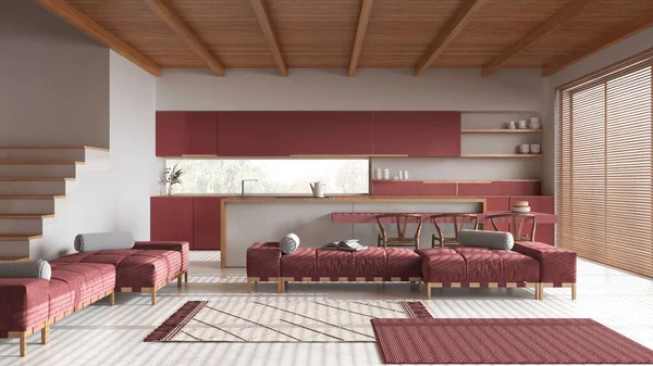 最小的木制厨房 有岛屿和客厅 有白色和红色色调 树脂地板和横梁天花板 沙发和地毯 日本室内设计 — 图库照片