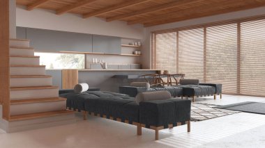 Asgari mutfak ve oturma odası beyaz ve gri tonlarda, zemin reçineli. Tahta kirişler tavan, kanepeler, tabureli ve panoramik pencereli ada. Japandi iç tasarımı