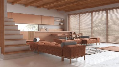 Minimum mutfak ve oturma odası, beyaz ve turuncu tonlarda, zemin reçineli. Tahta kirişler tavan, kanepeler, tabureli ve panoramik pencereli ada. Japandi iç tasarımı