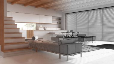 Mimari iç mimar konsepti: elle çizilmiş tamamlanmamış proje gerçek, asgari mutfak ve reçine zeminli oturma odası haline geliyor. Japon stili.