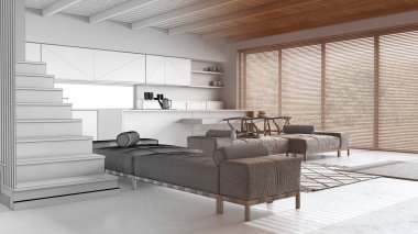 Mimari iç mimar konsepti: elle çizilmiş tamamlanmamış proje gerçek, asgari mutfak ve reçine zeminli oturma odası haline geliyor. Japon stili.