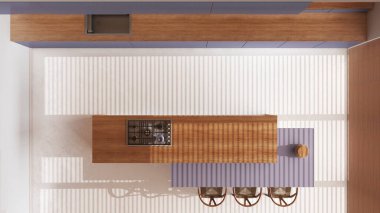 Minimum ahşap mutfak, adanın beyaz ve mor tonlarında reçine zemini. Dolaplar, yemek masası ve dekorlar. Manzara, plan, yukarısı. Japandi iç tasarımı