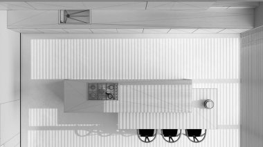 Tamamlanmamış proje taslağı, asgari ahşap mutfak ve zemin reçineli ada. Dolaplar, yemek masası ve dekorlar. Manzara, plan, yukarısı. Japandi iç tasarımı