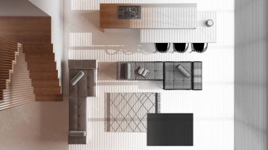 Mimari iç mimar konsepti: adadan ve oturma odasından oluşan asgari ahşap mutfak haline gelen elle çizilmiş tamamlanmamış proje. Manzara, plan, yukarısı. Japon stili.