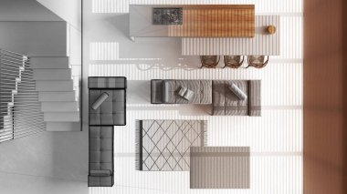 Mimari iç mimar konsepti: adadan ve oturma odasından oluşan asgari ahşap mutfak haline gelen elle çizilmiş tamamlanmamış proje. Manzara, plan, yukarısı. Japon stili.