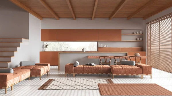 Minimal wooden kitchen with island and living room in white and orange tones. Resin floor and beams ceiling. Island, sofa,and carpets. Japandi interior design