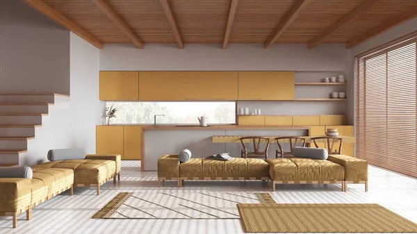 最小的木制厨房 有岛屿和客厅 白色和黄色色调 树脂地板和横梁天花板 沙发和地毯 日本室内设计 — 图库照片