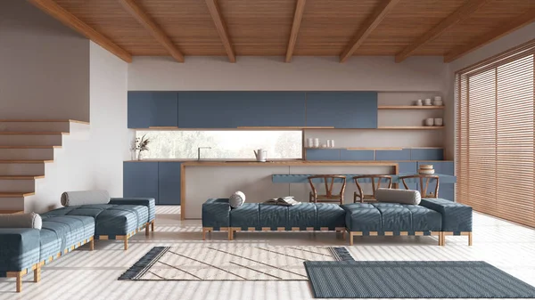 最小的木制厨房 有岛屿和客厅的白色和蓝色色调 树脂地板和横梁天花板 沙发和地毯 日本室内设计 — 图库照片