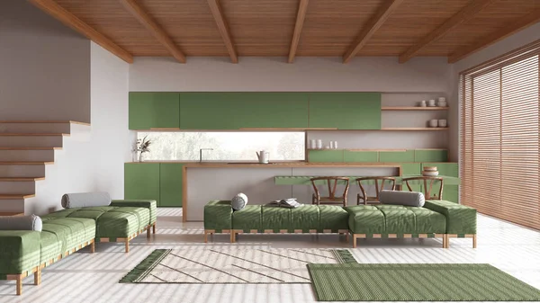 最小的木制厨房 有岛屿和客厅的白色和绿色色调 树脂地板和横梁天花板 沙发和地毯 日本室内设计 — 图库照片