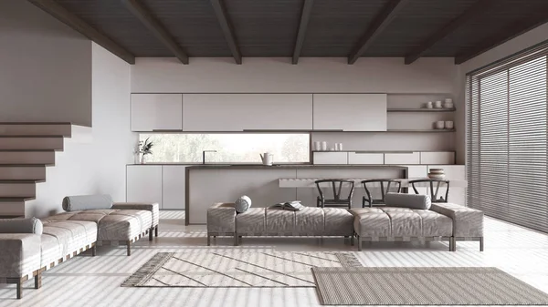 Minimal Dunkle Holzküche Mit Insel Und Wohnzimmer Weiß Und Beigetönen — Stockfoto