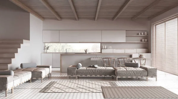 最小漂白木制厨房与岛屿和客厅的白色和米色色调 树脂地板和横梁天花板 沙发和地毯 日本室内设计 — 图库照片