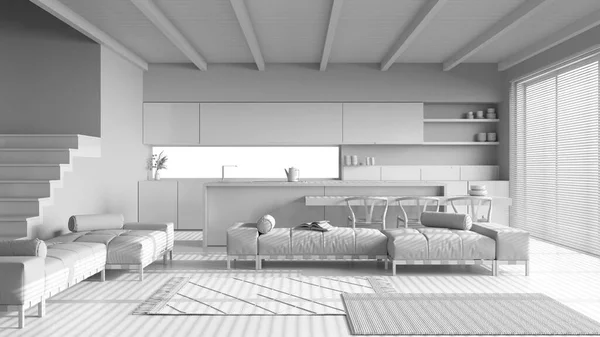 整个白色项目草案 最小厨房与岛屿和客厅 树脂地板和横梁天花板 沙发和地毯 日本室内设计 — 图库照片