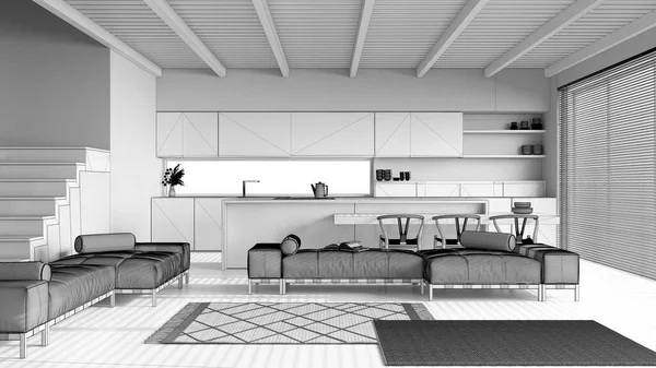 Blueprint Unfinished Project Draft Minimal Kitchen Island Living Room Resin — Stock Photo, Image