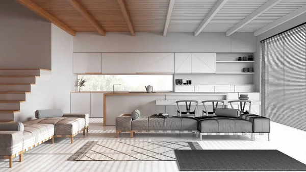 建築家インテリアデザイナーのコンセプト 島とリビングルームを備えたリアルでミニマルなキッチンとなる未完成のプロジェクト ジャパンディスタイル — ストック写真