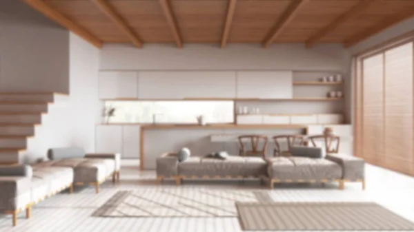 背景模糊 厨房狭小 有岛屿和客厅 树脂地板和横梁天花板 沙发和地毯 日本室内设计 — 图库照片