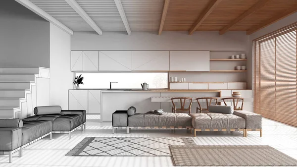 建築家インテリアデザイナーのコンセプト 島とリビングルームを備えたリアルでミニマルなキッチンとなる未完成のプロジェクト ジャパンディスタイル — ストック写真