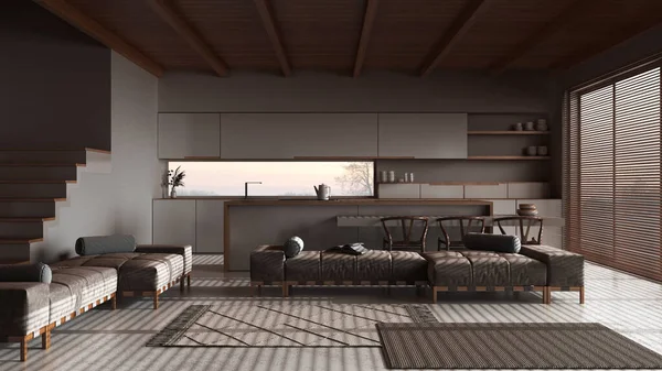 漆黑的夜景 最小的厨房 有岛屿和客厅 树脂地板和横梁天花板 沙发和地毯 日本室内设计 — 图库照片