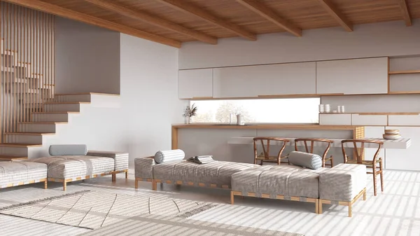 Ruang Keluarga Wooden Japandi Dan Dapur Dengan Warna Putih Dan — Stok Foto