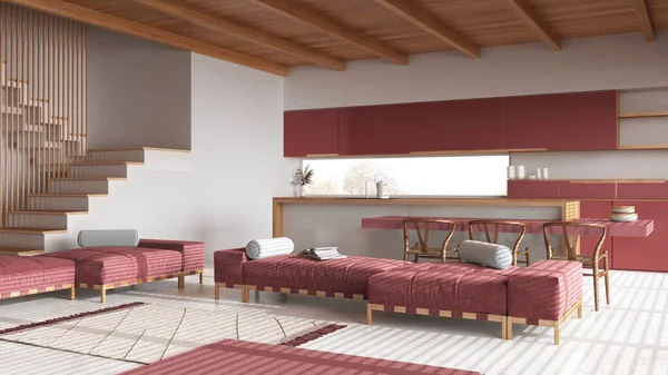 木製のジャパンディリビングルームとキッチン 樹脂床とビームの天井が白と赤色のトーン ソファーとカーペット 椅子付きの島 ミニマルインテリアデザイン — ストック写真