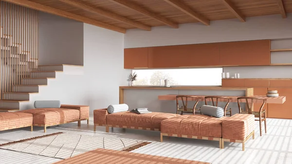 Wooden japandi living room and kitchen in white and orange tones with resin floor and beams ceilings. Sofas and carpets, island with chairs. Minimal interior design