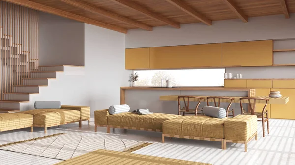 木製のジャパンディリビングルームとキッチン 樹脂床とビームの天井が白と黄色のトーン ソファーとカーペット 椅子付きの島 ミニマルインテリアデザイン — ストック写真