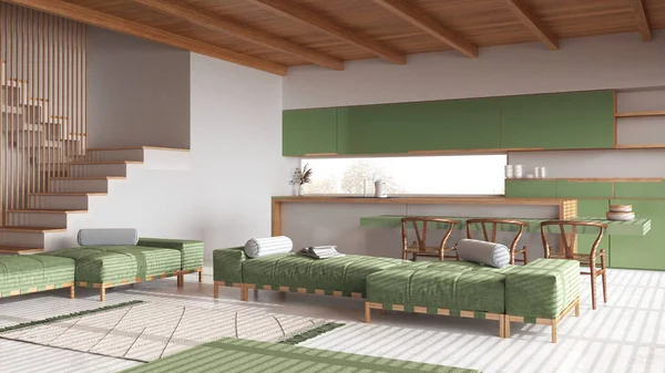 日本木制客厅和厨房 白色和绿色色调 有树脂地板和横梁天花板 沙发和地毯 岛上有椅子 最低室内设计 — 图库照片