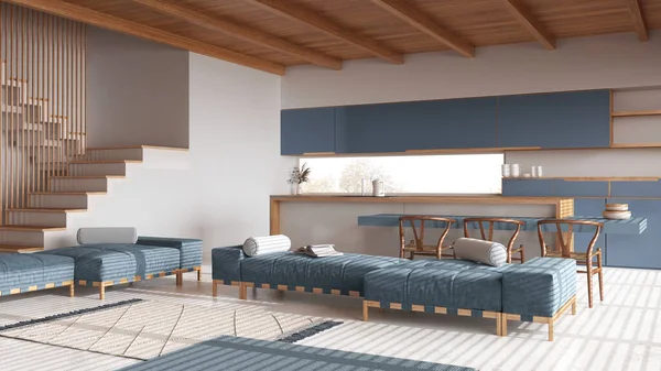 木製のジャパンディリビングルームとキッチン 樹脂床とビームの天井が白と青色のトーン ソファーとカーペット 椅子付きの島 ミニマルインテリアデザイン — ストック写真