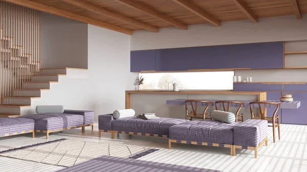 木製のジャパンディリビングルームとキッチン 樹脂床とビームの天井が白と紫色のトーン ソファーとカーペット 椅子付きの島 ミニマルインテリアデザイン — ストック写真