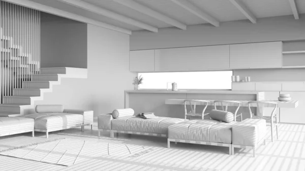 整个白色的项目草案 木制的日本客厅和厨房与树脂地板和横梁天花板 沙发和地毯 岛上有椅子 最低室内设计 — 图库照片