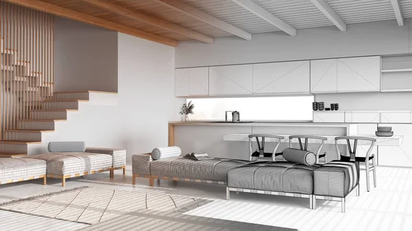 建筑师室内设计理念 手绘草稿未完成的工程成为现实 木制日本客厅和厨房与横梁天花板 简约风格 — 图库照片