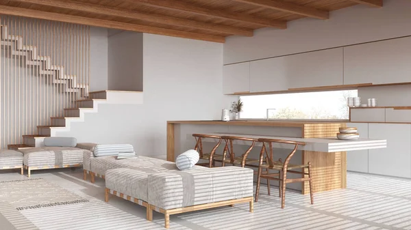 现代木制客厅和厨房 色调为白色和米黄色 岛上有椅子和树脂地板 日本最小室内设计梁天花板 — 图库照片